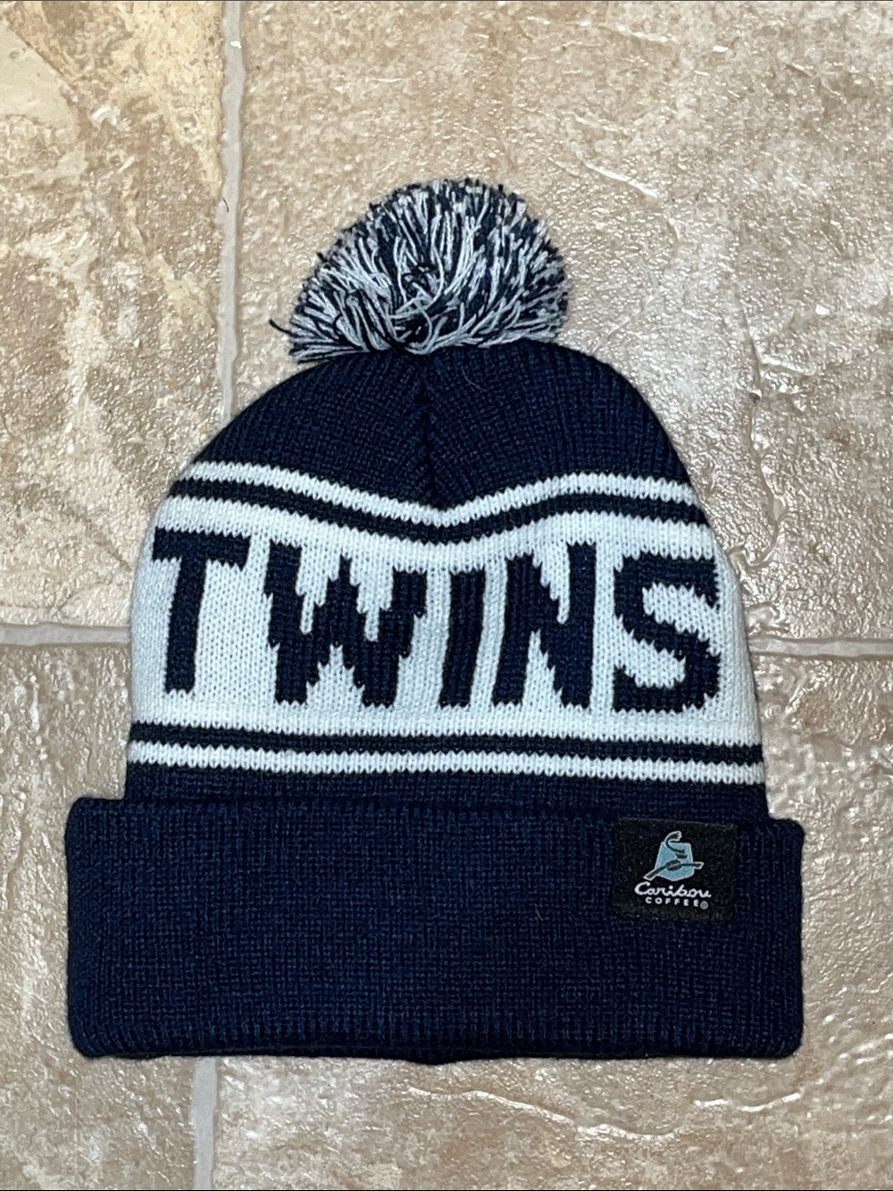 Caribou Coffee 'TWINS' Knit Pom Beanie - Navy & White